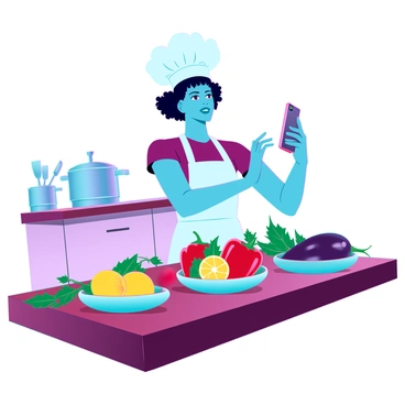 A chef with medium skin and short curly hair, wearing a white apron and a chef’s hat, stands confidently behind a wooden kitchen counter. The counter is covered with vibrant, fresh ingredients, including bright red bell peppers, deep green basil, yellow lemons, and purple eggplants, artfully arranged. The chef is holding a smartphone in one hand, capturing the colorful display, with a focused expression on their face. In the background, there are neatly arranged kitchen utensils and pots, enhancing the lively atmosphere of the cooking space. A soft yet effective lighting illuminates the scene, highlighting the details of the ingredients.