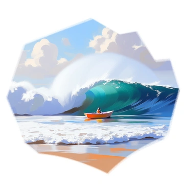 An ocean scene featuring large, dynamic waves crashing against the shore. A small boat is visible bobbing on the surface of the water. The boat is painted in a bright color, contrasting with the deep blue of the ocean. The waves are depicted with various shades of blue and white, illustrating their movement and energy. In the background, a clear sky is visible, with soft clouds scattered across.