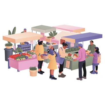 A digital flat illustration of a bustling farmer's market scene. There are multiple market stalls arranged in a semi-circle, each adorned with colorful awnings. One stall on the left is selling vibrant red tomatoes, while another nearby features an array of green leafy vegetables, including kale and lettuce. A third stall displays bright orange carrots and purple eggplants. Merchants are actively engaging with customers; one merchant is handing a basket of strawberries to a customer, while another is busy weighing avocados. The atmosphere is lively with people of diverse backgrounds, including a woman with curly hair wearing a yellow dress and a child with a blue hat excitedly pointing at the fruits. In the background, there are potted plants and a few trees, adding to the market's vibrant atmosphere.