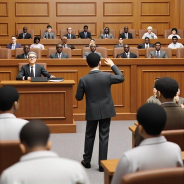 A courtroom filled with wooden benches and a polished wooden judge's bench. In the foreground, a lawyer with short black hair, wearing a tailored gray suit, stands confidently at a podium, gesturing with one hand as he presents a counterargument. His expression is focused and determined. Behind him, the judge, an older man with gray hair and glasses, sits with a serious demeanor, attentively observing the proceedings. To the side, a jury of twelve diverse individuals, including men and women of various ages and ethnicities, sits upright in their seats, listening intently with expressions of concentration. The room is well-lit, emphasizing the important atmosphere of the courtroom.