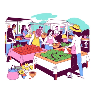 A vibrant farmers market scene filled with various vendors. On one side, a stall displays an array of fresh produce, including bright red tomatoes, green cucumbers, and yellow bell peppers. A vendor, wearing a straw hat, is handing a bag of oranges to a happy customer. Next to it, another stall showcases handmade goods, with colorful baskets and ceramic pottery arranged neatly. The vendors are engaged in animated conversations with customers, and there are people browsing the stalls, enjoying the lively atmosphere. Sunlight is streaming down, creating a warm and inviting ambiance throughout the market.