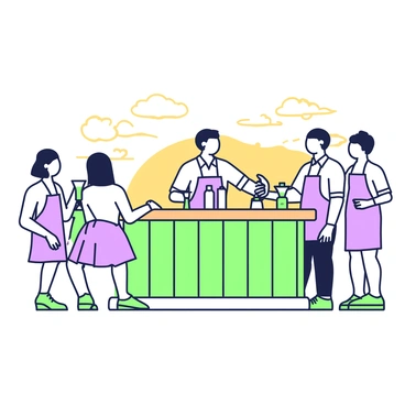 A bartender is standing behind a wooden bar on a deck, serving cocktails to customers. The bartender is wearing a white shirt with rolled-up sleeves and an apron. There are various bottles of spirits and mixers arranged neatly on the bar's surface, along with glasses filled with colorful cocktails. In front, customers are engaging with the bartender, expressing enjoyment. The sun is setting in the background, casting a warm light that creates long shadows across the deck. Wispy clouds are visible in the sky, enhancing the atmosphere of the scene.