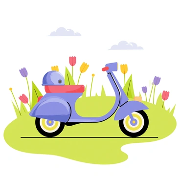 A scooter bike parked in a field of wildflowers, with a helmet resting on the seat