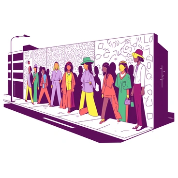 A large city wall features a mural showcasing a variety of fashion styles from around the world. The mural includes figures dressed in vibrant outfits, representing different cultures and fashion trends. Each figure displays unique accessories, such as hats, bags, and jewelry, capturing individual expressions of style. The background of the mural is filled with abstract patterns that complement the diversity of the clothing. The entire scene is framed by the urban environment, with buildings and street elements visible on either side of the mural.