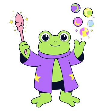 A mystical frog with bright green skin and large, expressive eyes is dressed in a deep purple wizard's robe adorned with golden stars. The frog stands on its hind legs, holding a delicate wand made of shimmering wood. A swirl of sparkling magic emanates from the tip of the wand, creating colorful, glowing orbs that float around the frog. The setting features a simple background with soft, muted colors to emphasize the frog's vibrant appearance.