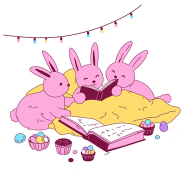A group of three pink bunnies are gathered in a cozy living room setting, sitting on a large yellow blanket spread on the floor. One bunny is leaning against a fluffy yellow pillow while holding a small, open storybook in its paws, sharing a funny story with the others. The other two bunnies are giggling, their ears perked up in excitement. Surrounding them are various Easter-themed snacks, including colorful chocolate eggs, pastel-colored cupcakes, and small baskets filled with jellybeans. A string of decorative lights hangs above, adding a cheerful ambiance to the sleepover scene.