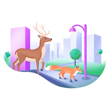 A modern pastel illustration depicting a serene urban street devoid of human presence. In the foreground, a deer stands gracefully on the pavement, its brown fur contrasting with the pastel colors of the surroundings. Nearby, a fox with a bushy tail is exploring the area, its orange coat vivid against the muted tones of the street. The background includes tall, pastel-colored buildings and a few scattered trees, with soft, ambient light illuminating the scene. A sense of tranquility is felt as nature coexists with the empty urban environment.