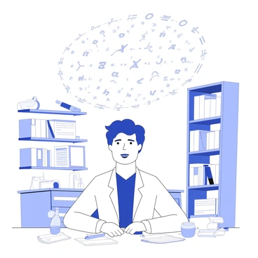 A scientist is portrayed with a focused expression, sitting at a cluttered desk surrounded by papers and scientific instruments. Their hair is slightly disheveled, indicating hours of intense concentration. Above their head, a collection of complex equations and symbols is arranged in a circular formation, resembling a halo. The equations vary in size and style, showcasing a mixture of mathematical and physical concepts. In the background, there are shelves filled with books and laboratory tools, further emphasizing the scientific environment.