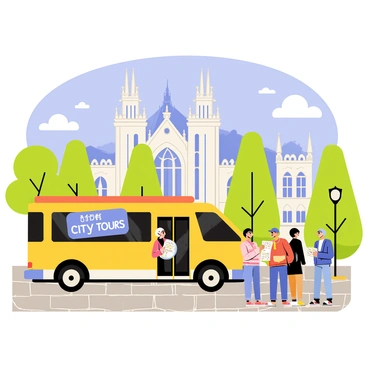 A bright yellow tour bus parked on a cobblestone street near a famous city landmark. The landmark features a large, ornate building with intricate architectural details, towering spires, and large windows. A group of excited tourists, holding cameras and maps, gathers around the bus, chatting enthusiastically. Lush green trees line the street, and a clear blue sky is overhead, dotted with fluffy white clouds. A large sign on the bus reads "City Tours" in bold letters.