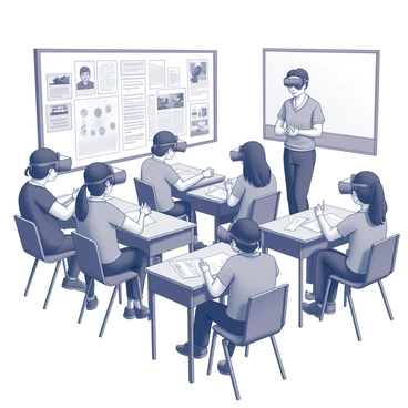A classroom filled with students, each wearing virtual reality headsets. The students are engaged and focused on their individual experiences. Some students are interacting with virtual objects, while others appear to be discussing their experiences with classmates. The room is equipped with various educational tools and posters related to RSE topics, providing a context for their immersive learning. A teacher is visible in the background, observing and facilitating the learning process. The overall atmosphere conveys a sense of innovation and collaboration in education.