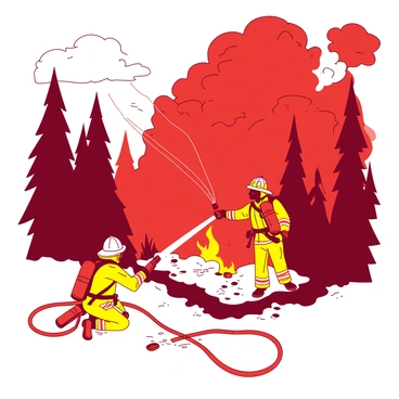 A red forest is engulfed in flames, with tall trees ablaze and thick smoke billowing into the air. In the foreground, two firefighters in bright yellow suits are actively battling the blaze, using powerful hoses to spray water on the flames. One firefighter is kneeling down, aiming the hose directly at the fire, while the other is standing, gripping the hose firmly. The ground is charred and strewn with small burning branches, and the intense heat creates rippling air above the flames.