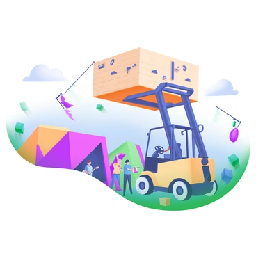 A forklift is lifting a large stage platform at an outdoor music festival. The forklift is bright yellow, featuring sturdy wheels and extended forks. The stage platform, made of wooden panels, is positioned high above the ground, supported by the forklift. Surrounding the scene are colorful festival tents and a crowd of people in casual clothing, eagerly watching the setup. The sky is clear with a hint of blue, and various musical instruments, such as guitars and drums, are visible on the platform. There are also decorative banners fluttering in the gentle breeze, adding to the festive atmosphere.