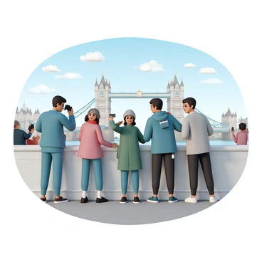 A group of five tourists standing close together at a viewing point, all taking photographs of "London Bridge." The first tourist is a man wearing a blue jacket and holding a DSLR camera, focusing intently on the bridge. Next to him, a woman in a red scarf is capturing the moment using her smartphone. To their left, a couple is standing hand in hand; the woman is wearing a green coat and taking selfies, while the man, in a grey beanie and jacket, smiles at her. In the background, the iconic "London Bridge" spans across the Thames River, with a clear blue sky above and a few clouds scattered throughout. The viewing point features a low stone wall, and tourists are scattered around enjoying the view.