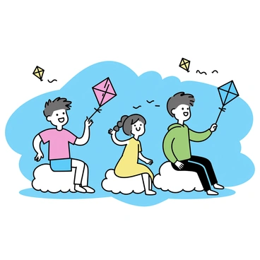 A group of three children, two boys and one girl, are sitting on fluffy white clouds. The first boy, wearing a red t-shirt and denim shorts, is laughing and holding a blue kite. The second boy, in a green hoodie and black pants, is reaching out to catch the wind. The girl, with braided hair and wearing a yellow dress, is flying a pink kite adorned with colorful patterns. Around them, several kites in various shapes and colors are drifting gently in the blue sky.