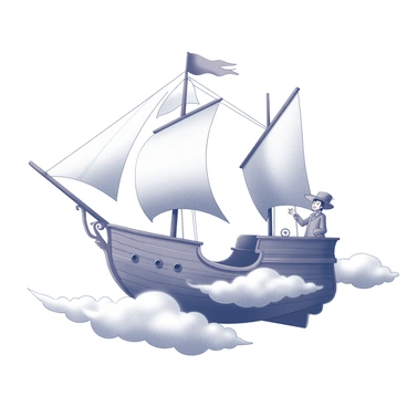 A flying ship glides through a thick layer of clouds, its sails billowing in the wind. The ship features a sturdy wooden hull adorned with intricate carvings and a large, brightly colored flag fluttering at the top of a tall mast. On the deck, a magical explorer stands tall, wearing a wide-brimmed hat and a long, flowing coat. In one hand, the explorer holds a compass, while the other hand gestures towards the horizon where distant, undefined lands peek through the clouds. Below the ship, wisps of cloud swirl and billow, adding depth to the scene.