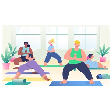 Participants in a yoga class are practicing in a spacious, sunlit studio. The room features large windows allowing natural light to pour in, casting soft shadows on the wooden floor. Each participant is wearing comfortable athletic wear, with a variety of colors including blue, purple, and green. They are engaged in different yoga poses, such as downward dog and tree pose, creating a harmonious atmosphere. Some mats are in the foreground, while others are scattered throughout the room. Potted plants are placed in the corners, adding a touch of greenery to the environment.
