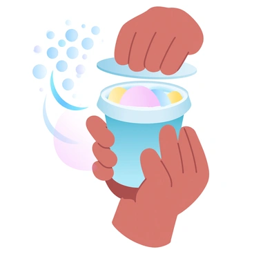 A hand is closing a colorful ice cream tub with a tight-fitting lid. The tub is filled with swirled pastel-colored ice cream that has hints of pink, blue, and yellow. Above the tub, graphical representations of air pressure are visible, depicting gas molecules being compressed inside. The compression visuals consist of clustered circles that indicate movement and compression force. The scene is set against a soft gradient pastel background that complements the colors of the ice cream tub.