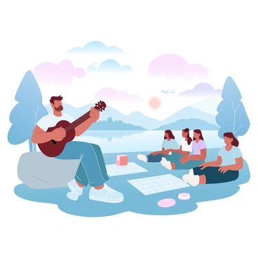 A man with a relaxed posture is playing a guitar by a lakeside. He is wearing a casual t-shirt and jeans, seated on a large rock near the water. Surrounding him are several friends, sitting on the grass with relaxed body language, enjoying the music. The setting sun casts warm pastel colors across the sky, reflecting gently on the lake's surface. Some trees are visible in the background, adding to the tranquil atmosphere. A picnic blanket and some snacks are spread out nearby, enhancing the casual gathering. A few birds can be seen flying in the distance.