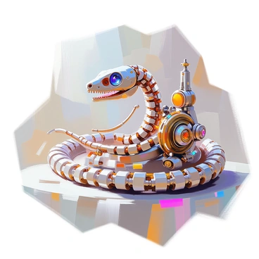 A steampunk-inspired snake skeleton is coiled on a surface, showcasing intricate details. The skeletal structure consists of metallic bones, with gears and cogs visible in the joints. The spine of the snake is adorned with brass embellishments, and the skull features glass eyes that glimmer with a faint light. Various mechanical elements are integrated throughout the body, including slender tubes and exposed wiring. The surrounding environment includes an assortment of steampunk gadgets and tools, enhancing the overall mechanical aesthetic. The lighting casts shadows that accentuate the textures of the metal and gears.