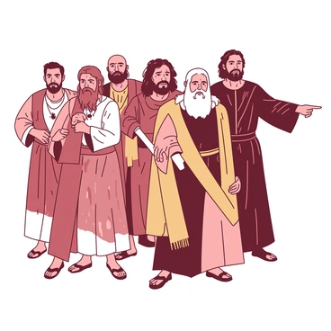 A group of apostles with determined expressions is standing together in a powerful stance. Each apostle shows a unique feature; one has a long beard and is gripping a scroll tightly, while another is pointing boldly into the distance. Their clothing consists of flowing robes in shades of color 1 and color 2. The scene conveys a sense of unity and resilience as they face an unseen threat. The background is blurred, emphasizing the apostles' expressions and their surroundings.
