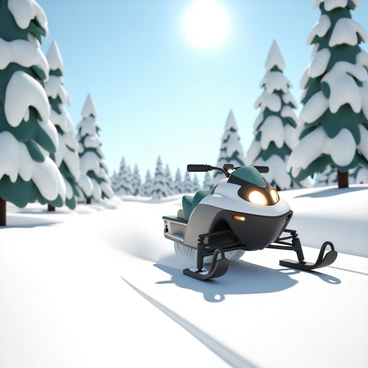 A snowmobile, sleek and modern, is speeding through a snowy forest. The bright white snow covers the ground thickly, glistening under the sunlight. Tall pine trees, dusted with fresh snow, line the path, their branches swaying gently in the cold breeze. In the background, clear blue skies are visible, with the sun shining brightly, casting sharp shadows on the snow. The snowmobile leaves a trail of powdery snow behind it, accentuating its speed and movement.
