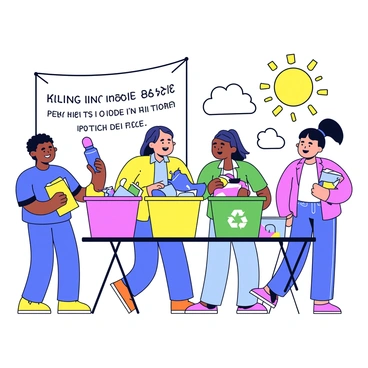 A vibrant community event taking place outdoors. Groups of people are actively participating in a recycling drive. Some individuals are sorting items into colorful bins marked with clear labels for plastic, paper, and glass. Others are joyfully chatting and sharing tips on recycling while holding various recyclable materials. Bright banners with messages about sustainability are displayed in the background. A sunny sky adds a cheerful atmosphere to the scene.