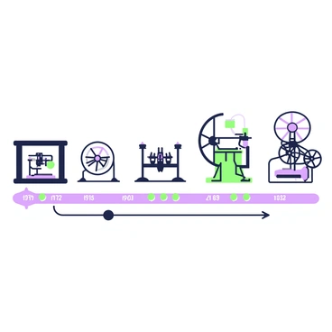 A timeline illustration showcasing the evolution of the spinning jenny. At the far left, there is an image of the original spinning jenny, designed by James Hargreaves, with a wooden frame and spindles clearly visible. Next to it, a more advanced version of the spinning jenny with additional spindles is depicted, highlighting improvements in design. Moving along the timeline, there are images of later models, each evolving with more complex mechanisms, showcasing gears and levers. The timeline is marked with years indicating significant advancements in the design, each accompanied by a small label. At the bottom, there is a linear progression connecting the different versions, illustrating the transformation from simple to more intricate designs.