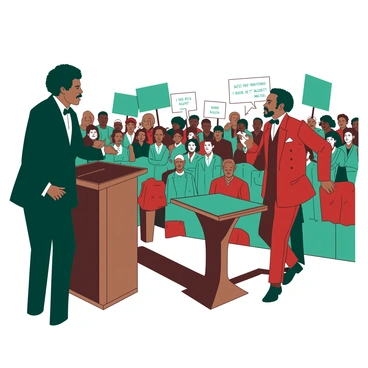 A teal Frederick Douglass stands confidently at a podium, passionately gesturing with his right hand during a lively debate. He is dressed in a black suit with a crisp white shirt and a bow tie. Across from him, another orator dressed in a red suit is leaning slightly forward, making a compelling point with an assertive expression. In the background, a crowd of diverse individuals, including men and women of various ages, watches intently, some leaning in to catch every word. Banners and signs can be seen in the audience, adding to the energy of the debate.