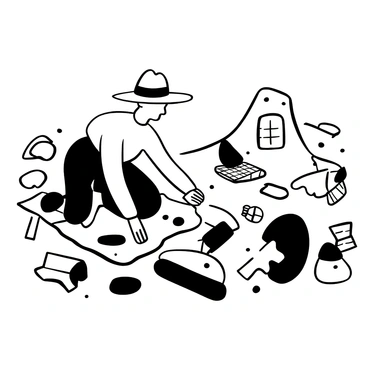 An archaeologist wearing a wide-brimmed hat and gloves is kneeling on the ground, holding a small trowel in one hand while digging into the earth. The excavation site is filled with various artifacts, including broken pottery shards, ancient tools, and fragments of stone structures scattered around. A small, partially unearthed statue can be seen nearby, partially exposed in the soil. Various brushes and measuring tools are placed on a flat stone nearby, indicating the meticulous work being done. The backdrop shows disturbed earth and carefully arranged grids for documentation.