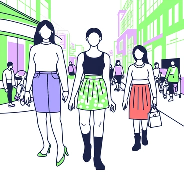 A busy street scene with multiple women walking confidently in different mini skirt styles. One woman has a blue denim mini skirt paired with a fitted white top and high heels, while another wears a floral mini skirt with a black tank top and ankle boots. A third woman is in a pleated red mini skirt and a cropped sweater, holding a handbag. The street is lined with shops, and there are pedestrians and cyclists in the background, contributing to the vibrant atmosphere.