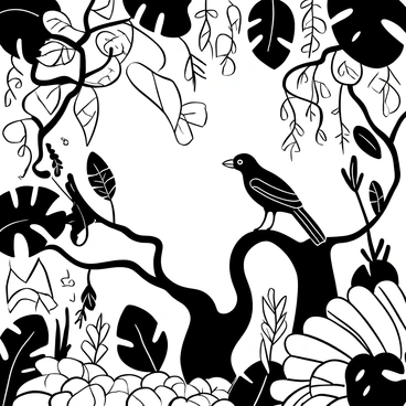 Jo bird exploring a dense jungle filled with exotic plants and vines