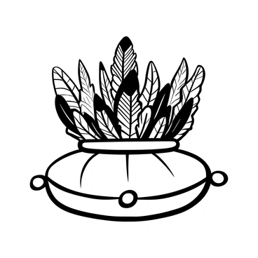 A "regal crown" made entirely of "various feathers" sits gracefully on a "luxurious velvet cushion." The feathers display intricate patterns and textures, contributing to the crown's opulence. The velvet cushion is adorned with folds that enhance its softness and elegance. The overall composition gives a sense of grandeur and provides a striking contrast between the lightness of the feathers and the richness of the cushion.