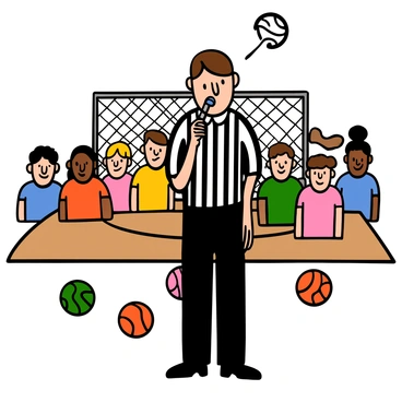 A referee with light skin and short brown hair stands confidently on the court, holding a whistle to their lips, preparing to blow it to signal the start of a dodgeball game. They are wearing a black and white striped shirt and black pants. In the background, a group of players, wearing colorful jerseys, are eagerly waiting for the game to begin, their faces showing excitement and anticipation. The gymnasium is filled with vibrant colors from the players' uniforms and dodgeballs scattered on the court.