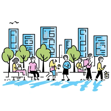 A bustling city street with skyscrapers casting shadows in the late afternoon sun