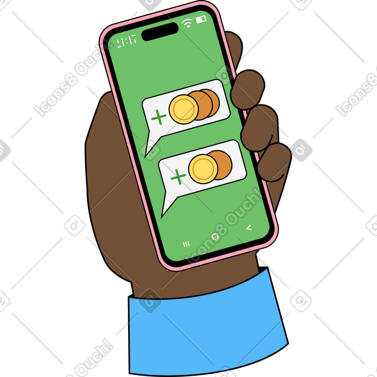 Illustration Main tenant un téléphone avec notifications dans le style Kindy à télécharger aux formats PNG, SVG