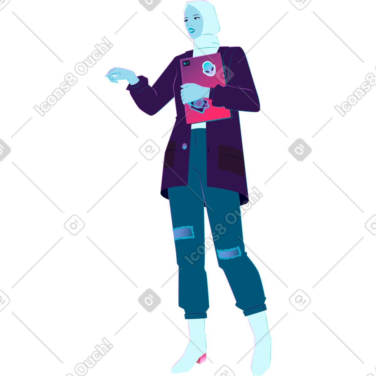 Standing woman with laptop in hand illustration Neon style download PNG, SVG