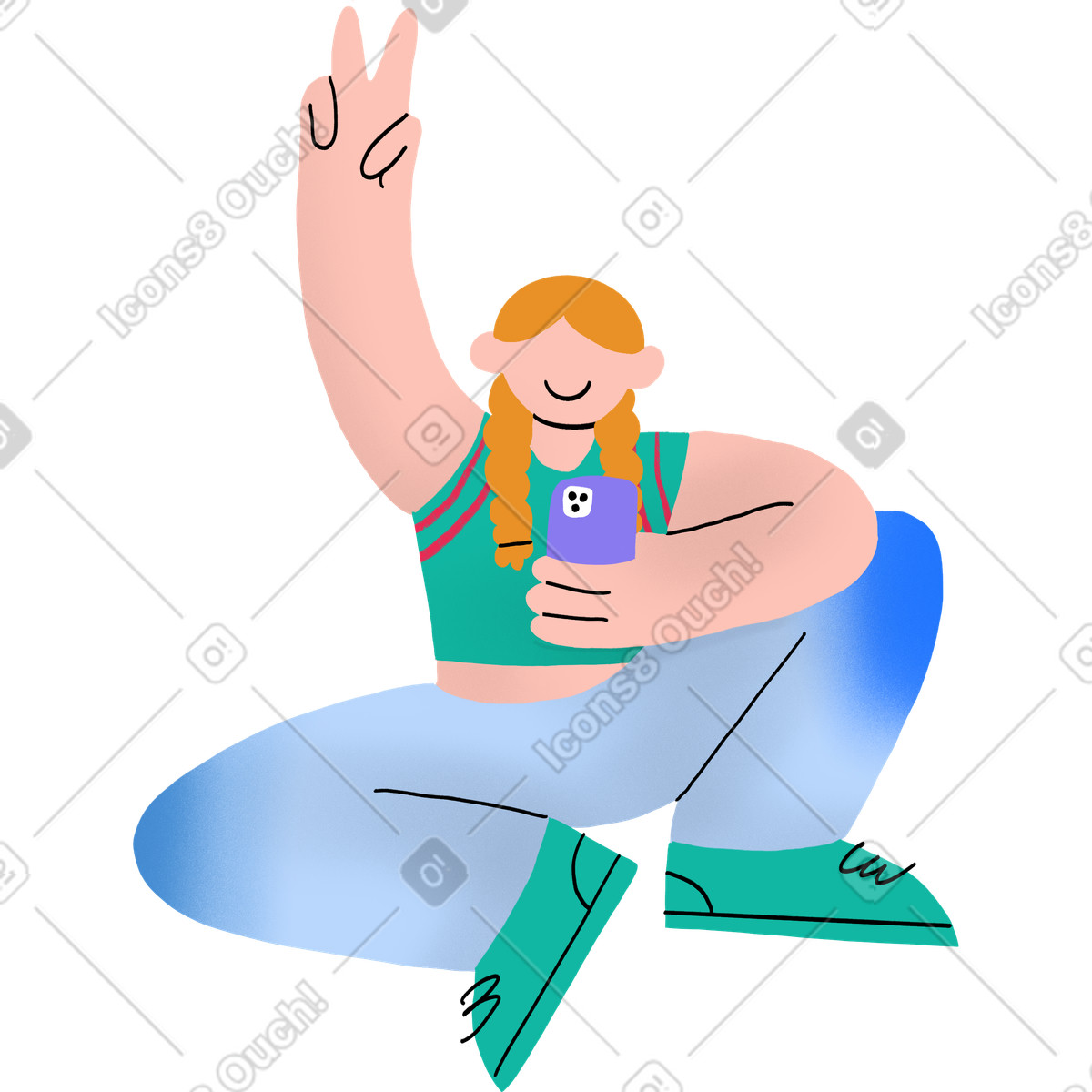 Illustration Girl sitting and posing for a photo with her phone in hand dans le style Bonny à télécharger aux formats PNG, SVG