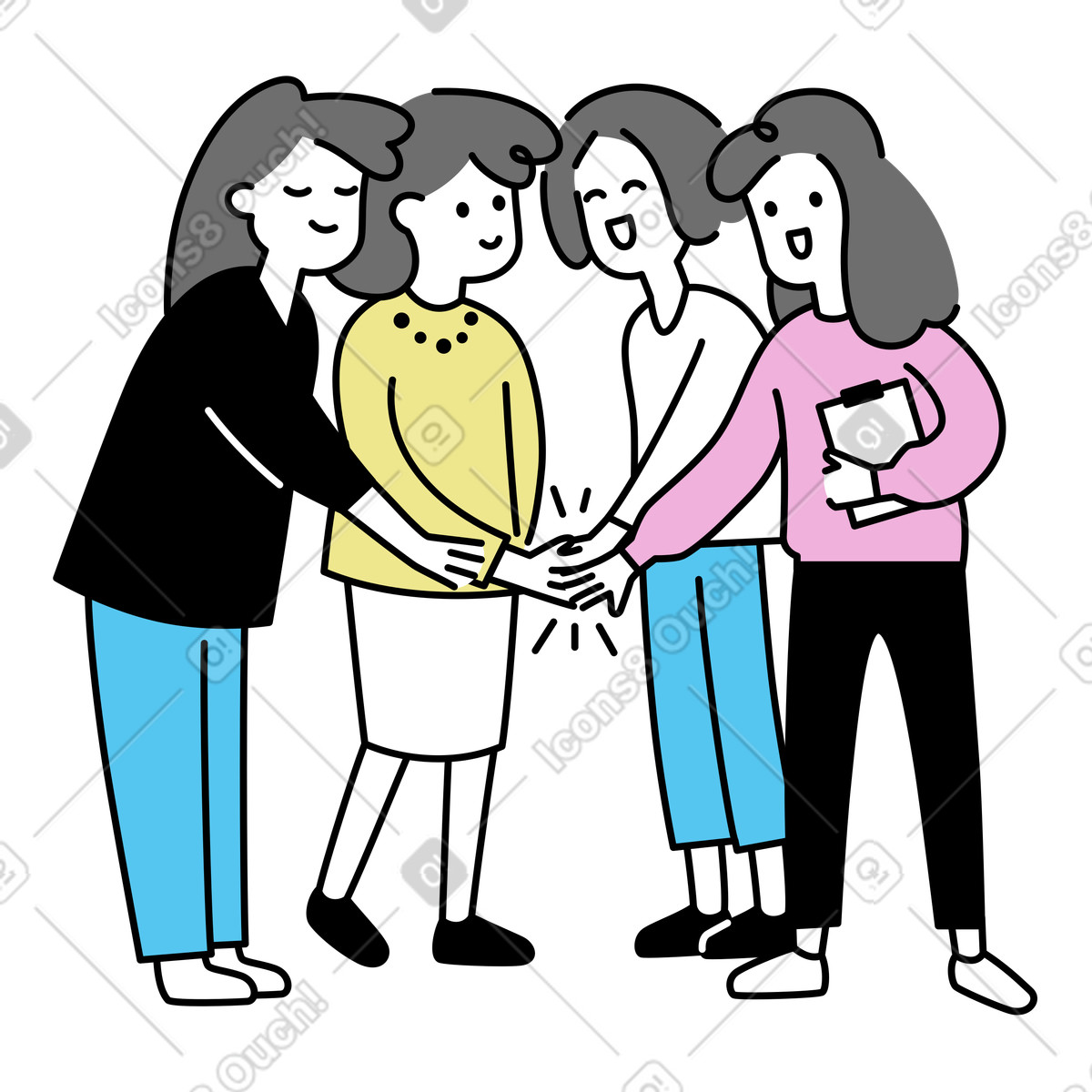 Mochi 스타일의 Team of colleagues stacking hands, Workplace collaboration and unity 일러스트레이션 PNG, SVG 다운로드