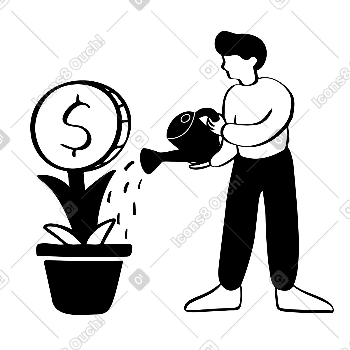 Ilustración Hombre invirtiendo dinero y aumentando las ganancias. en estilo Journal a descargar en PNG SVG