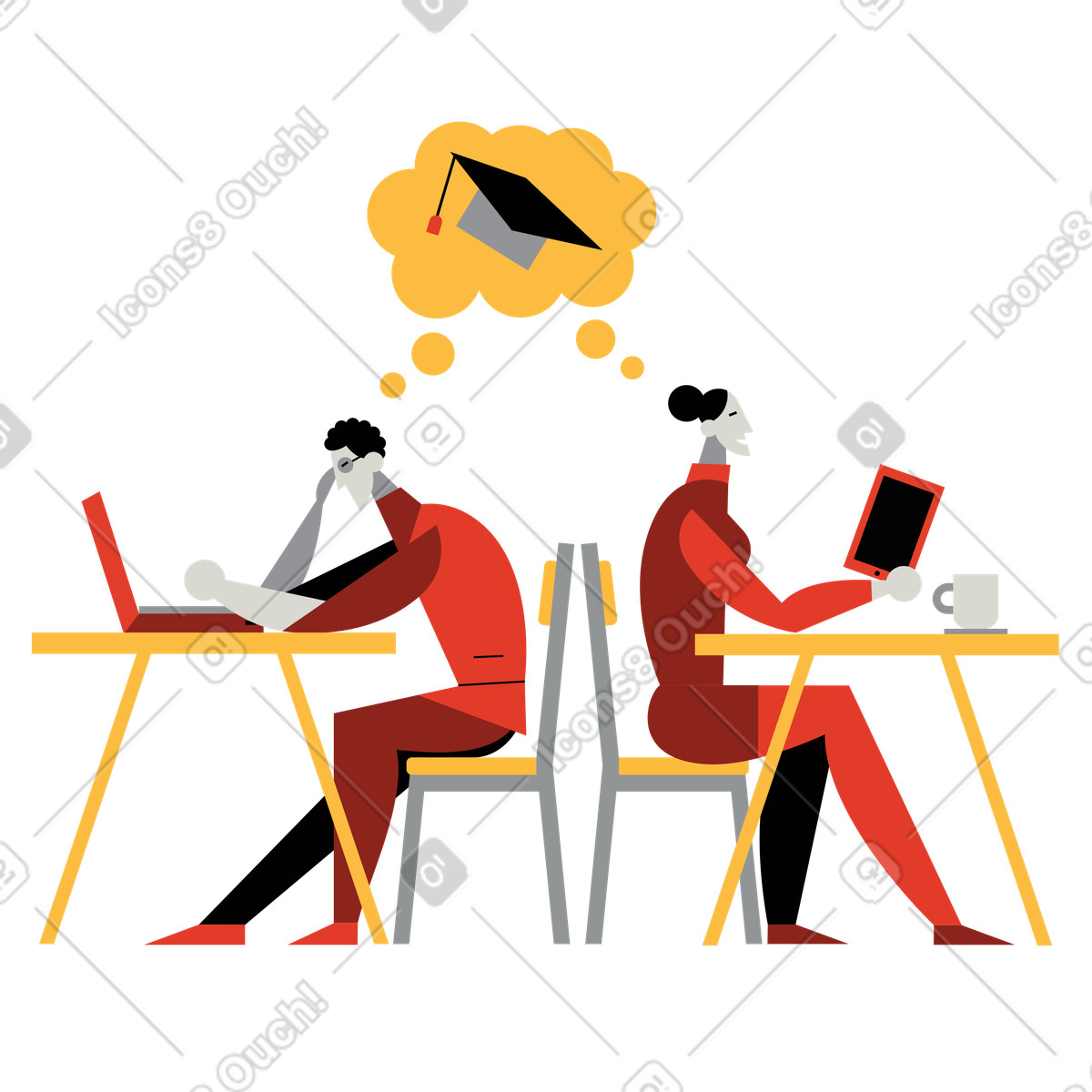 Studenti che studiano a distanza illustrazione in stile Burgundy scarica in PNG, SVG