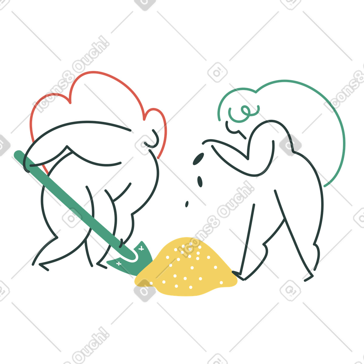 Illustration Femmes plantant des graines avec une pelle dans le style Macaroni à télécharger aux formats PNG, SVG