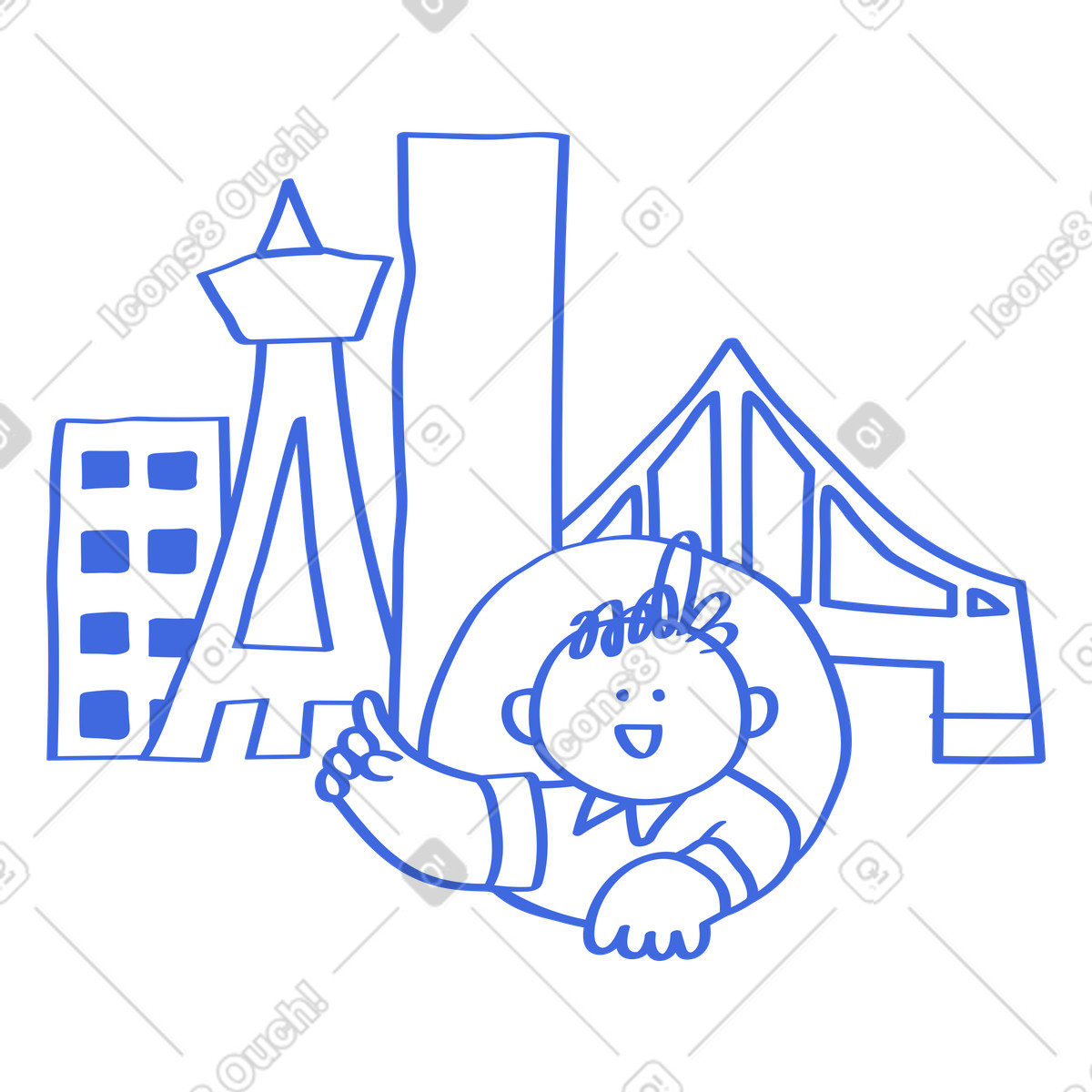Ilustração de Child tourist smiling with city skyline and bridge landmarks behind em no estilo Ballpoint Pen para baixar em PNG, SVG