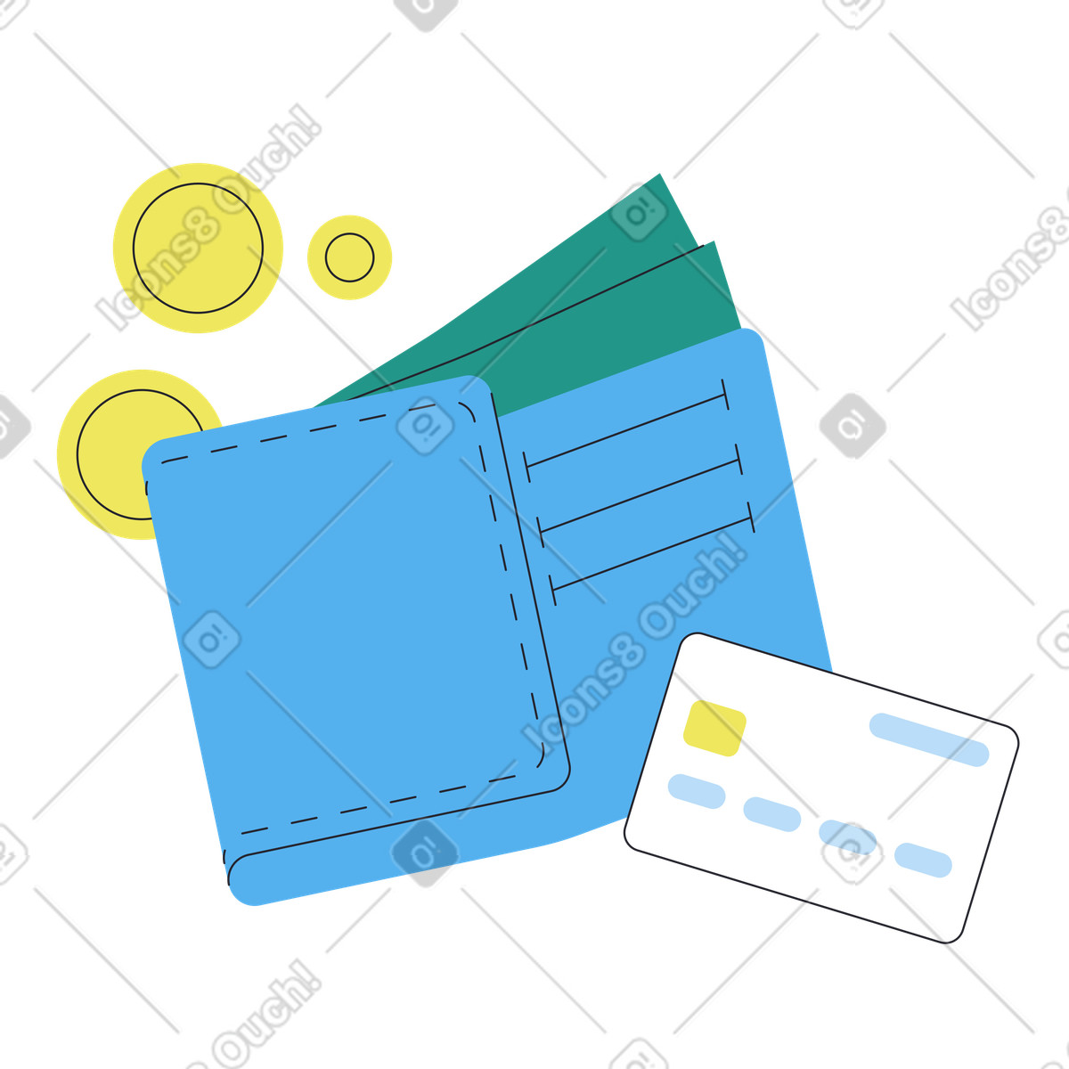 Wallet with cash and credit card, Payment methods or personal finance illustration in Boba style download in PNG, SVG