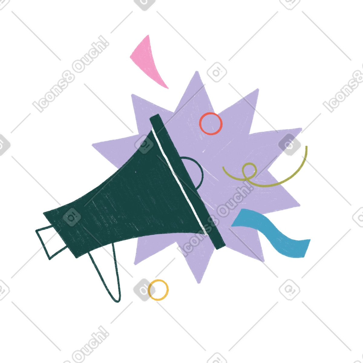 Ilustración Anuncio de megáfono con confeti en estilo Tutti a descargar en PNG y SVG