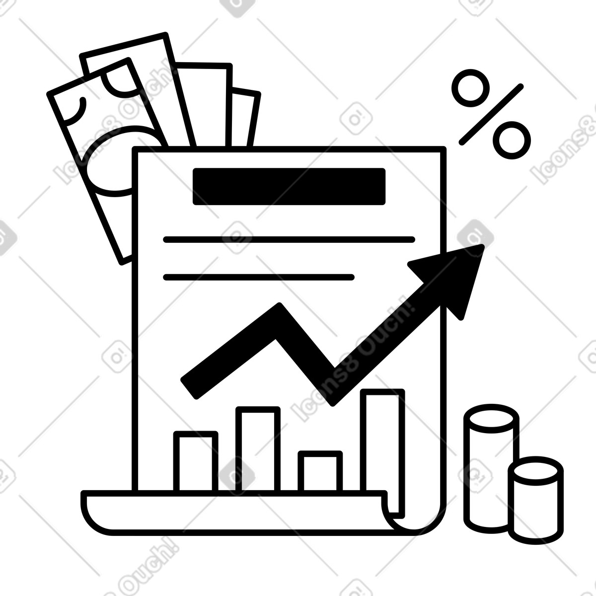 Ilustración Finance report growth chart with upward arrow and money icons en estilo Notion Line Art a descargar en PNG y SVG
