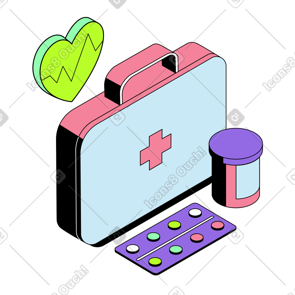 Assistenza sanitaria: kit di pronto soccorso e medicinali illustrazione in stile Project scarica in PNG, SVG