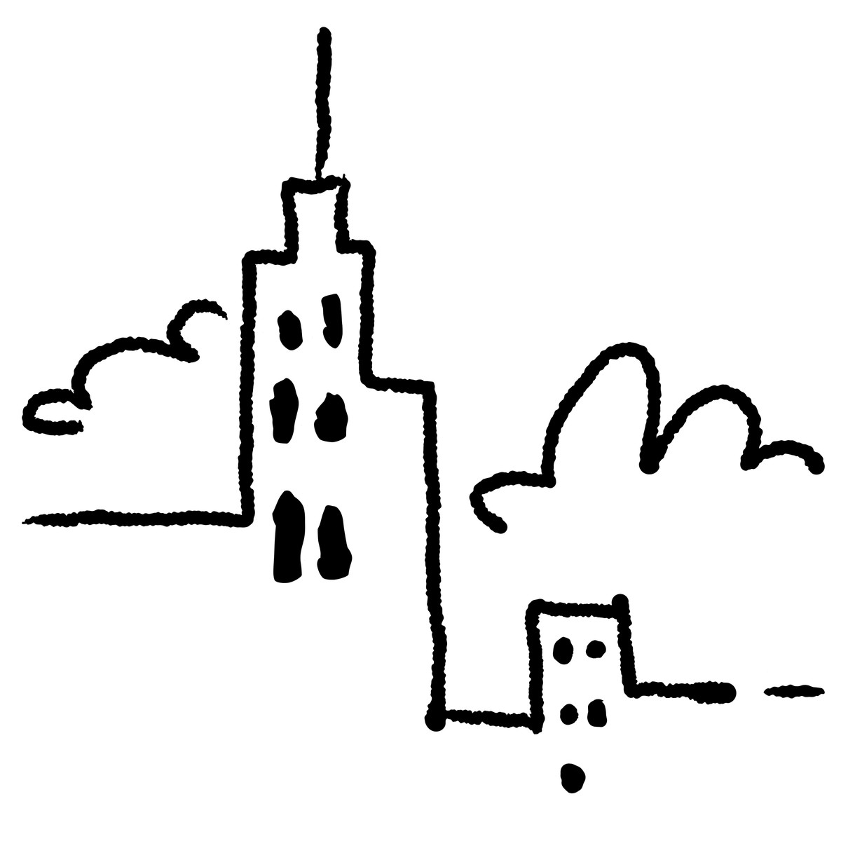 下载 Black Chalk 风格的 Skyscraper outline with antenna and small building under cloud shapes 插画，支持 PNG、SVG 格式