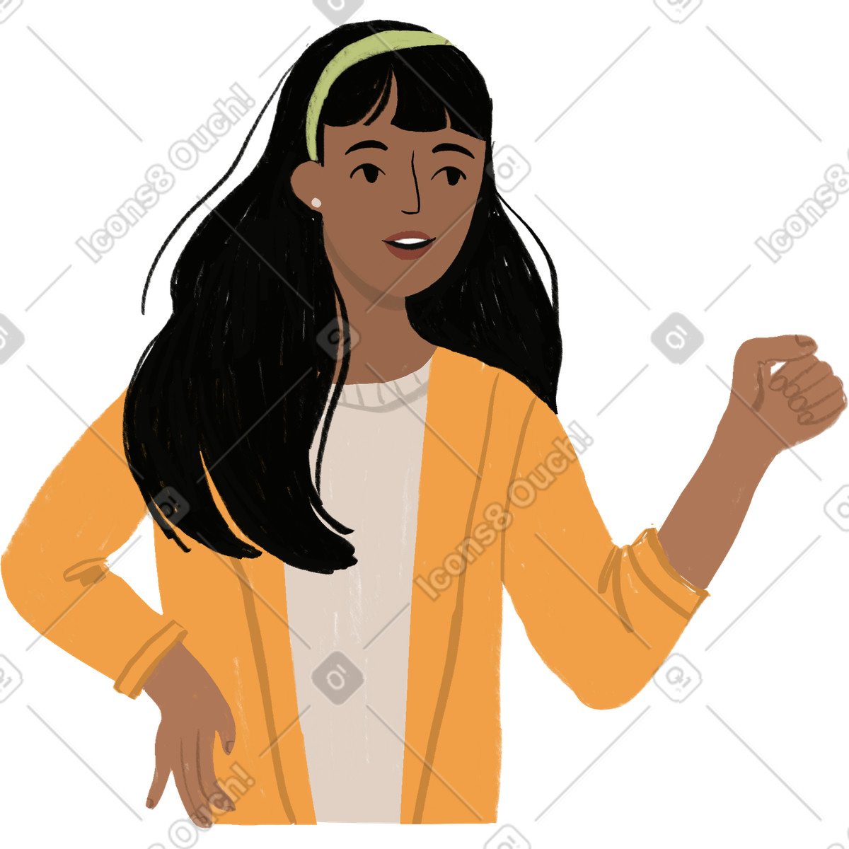 Illustration Fille qui parle avec sa main levée dans le style Lumiere à télécharger aux formats PNG, SVG