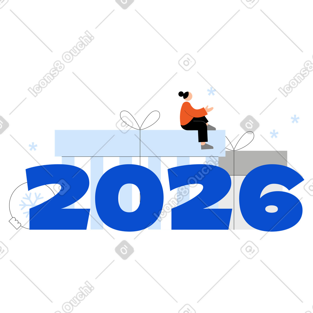 Numbers 2026 with gift boxes illustration in Tiny style download in PNG, SVG