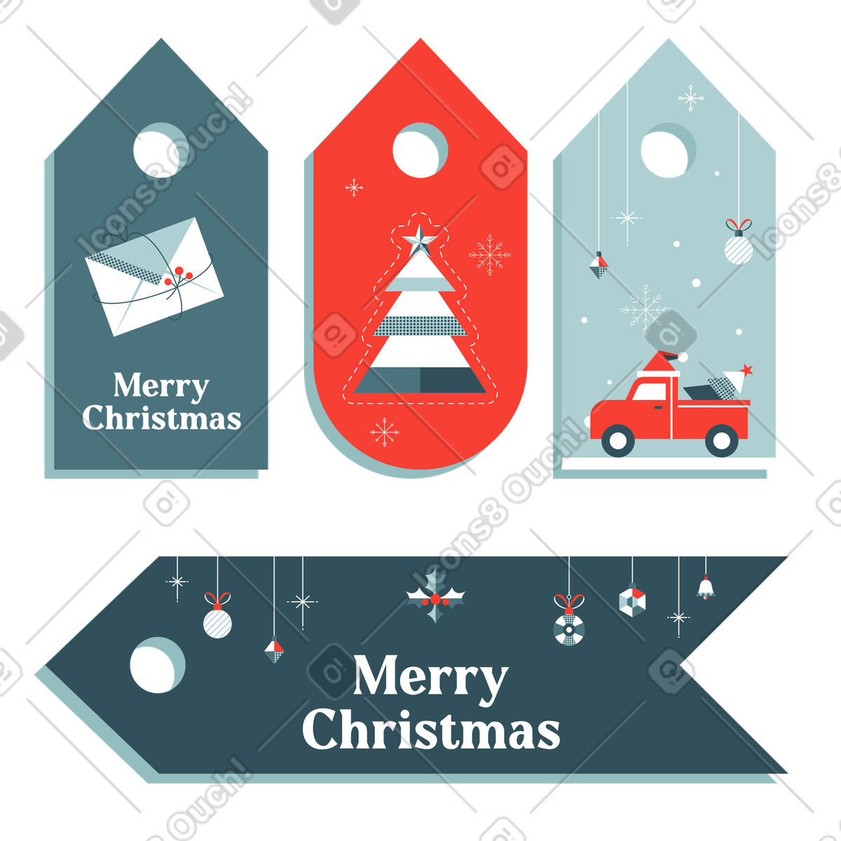 Illustration Étiquettes de joyeux noël avec des articles vacances dans le style Nordic à télécharger aux formats PNG, SVG